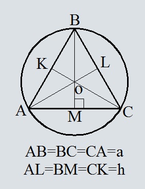 Площадь круга описанного около равностороннего треугольника, по стороне треугольника