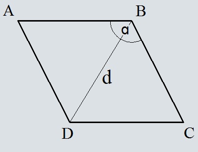 Площадь ромба через угол и диагональ из этого угла
