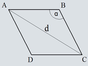 Площадь ромба через угол и противолежащую диагональ