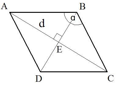 Площадь ромба через угол и противолежащую диагональ